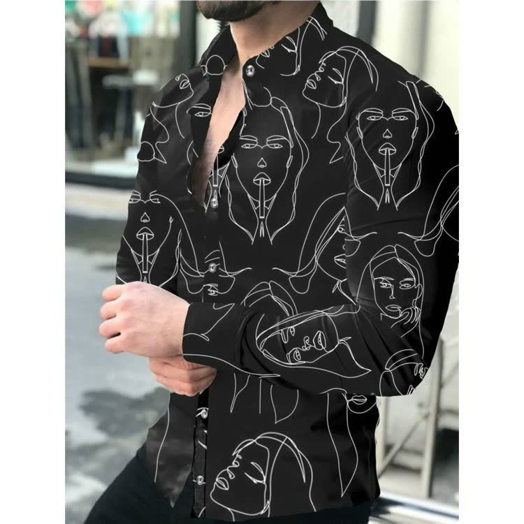 Men's long sleeve shirt with geometric print in black and white, stylish R&G Boutique design, shown on a mannequin.