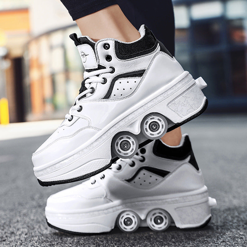 Women's fashionable minimalist retractable roller skates from R&G Boutique with black and pink design and inline wheels.