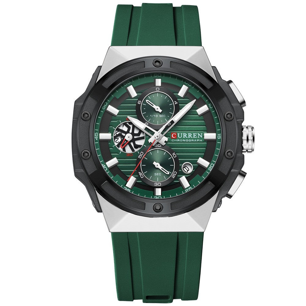 Men's R&G Boutique Six-pin Tape Quartz Watch with black leather strap and round silver dial, stylish and functional timepiece.