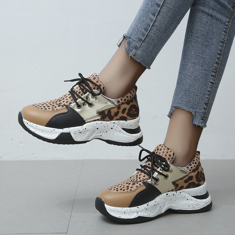 Leopard print women's lace-up sneakers by R&G Boutique, designed for walking, running, and sports activities.