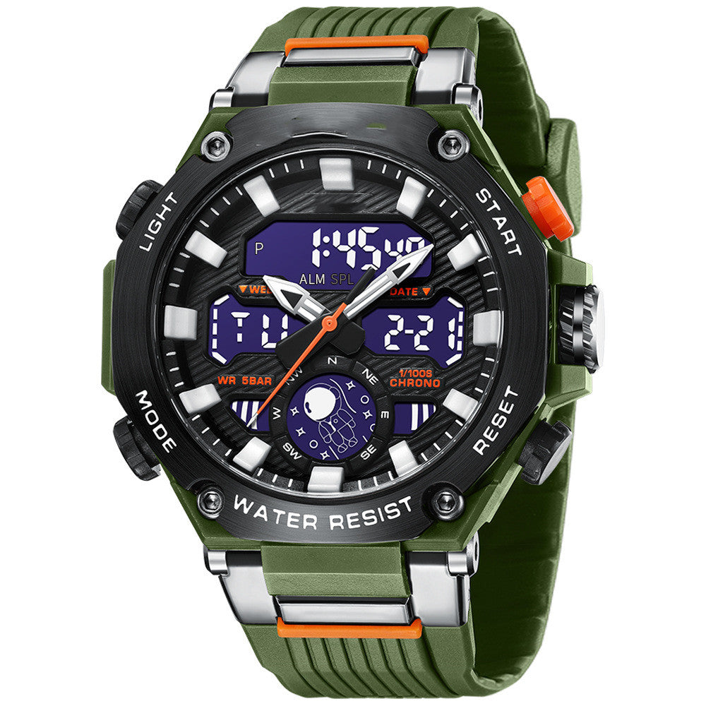 Men's casual alloy multifunctional watch with black dial and silver band, featuring chronograph and date display.
