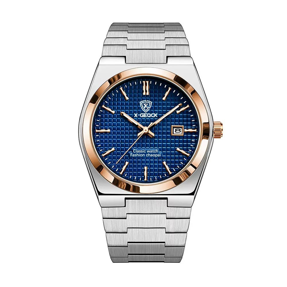 Men's Swiss quartz watch with butterfly clasp, R&G Boutique, featuring a sleek dial and stainless steel band.