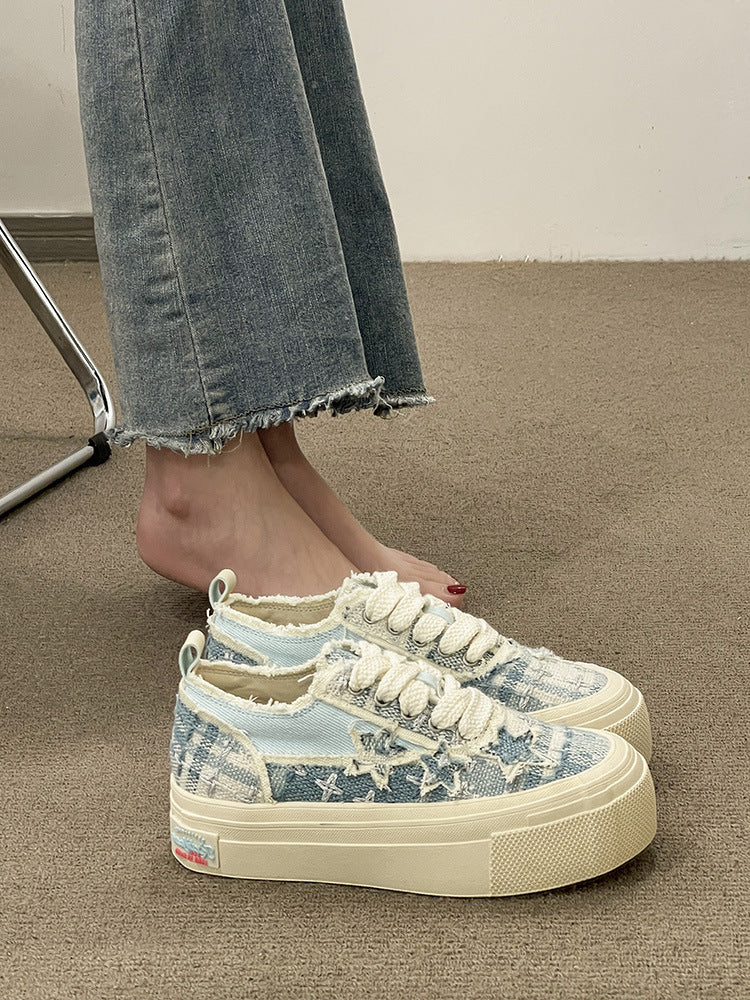 Women's thick-soled denim canvas shoes by R&G Boutique, showing stylish casual footwear with chunky soles and classic denim material.