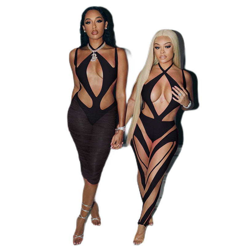 Autumn Women's New Sexy Mesh Perspective Splicing Tight Sleeveless Leggings