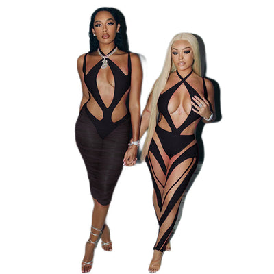 Autumn Women's New Sexy Mesh Perspective Splicing Tight Sleeveless Leggings