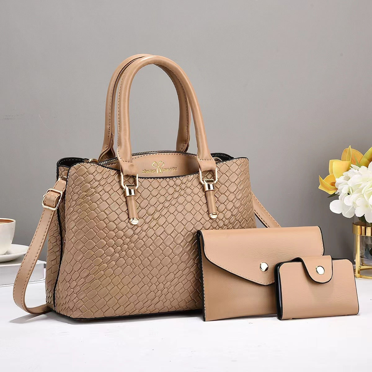 R&G Boutique woven texture three-piece set of large capacity one-shoulder combination bags, featuring stylish and functional design.