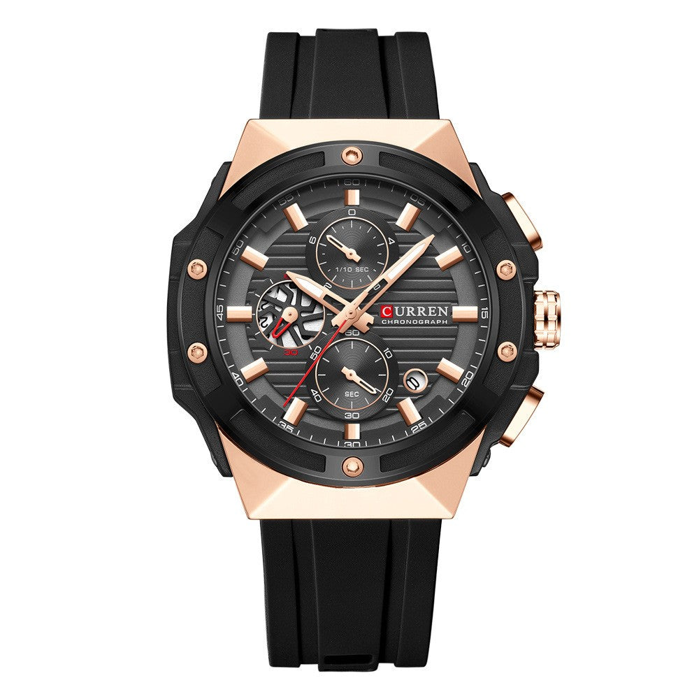Men's Six-pin Tape Quartz Watch by R&G Boutique with a sleek black dial and stainless steel strap.