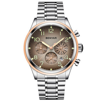 R&G Boutique men's quartz watch with round dial, stainless steel band, and black watch face showing time.