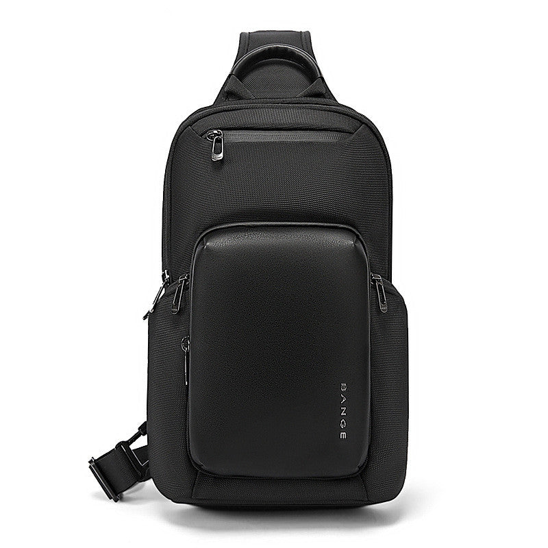 BANGE men's chest bag by R&G Boutique showing a large capacity crossbody bag with multiple compartments and adjustable strap.