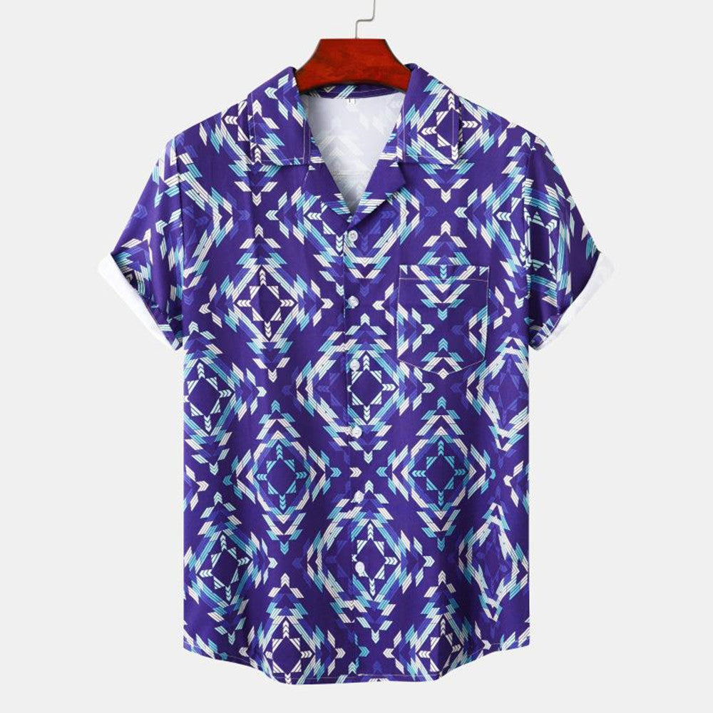 Men's short sleeve beach shirt by R&G Boutique with ethnic print design, featuring vibrant patterns and lightweight fabric.