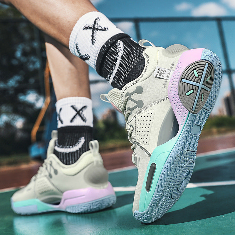 Cotton Candy basketball shoes for men by R&G Boutique, featuring vibrant pink, blue, and white sneakers with sporty design.