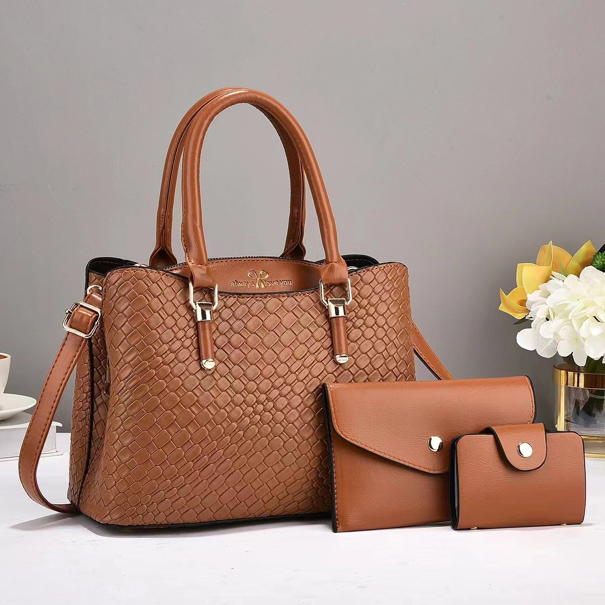 Woven texture three-piece set of large capacity one-shoulder bags by R&G Boutique, stylish and functional accessory collection