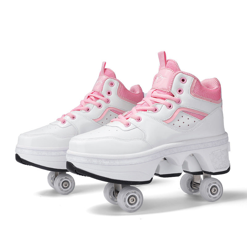 Women's minimalist retractable roller skates from R&G Boutique with sleek design and adjustable features, shown on a smooth surface.