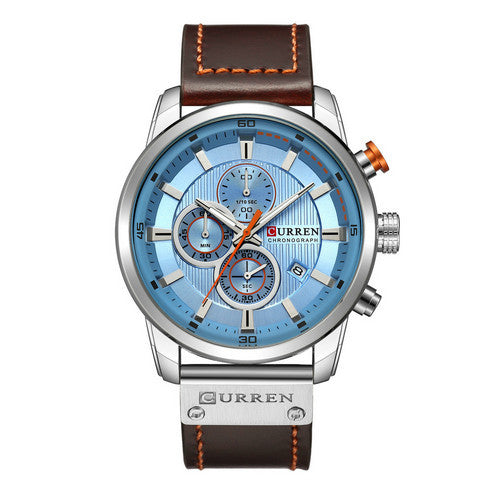 Men's quartz watch with round dial and black leather strap from R&G Boutique, displayed on a neutral background.