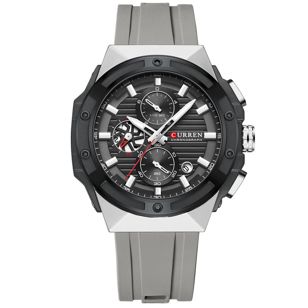 Men's R&G Boutique six-pin tape quartz watch with black dial and stainless steel strap on a white background.