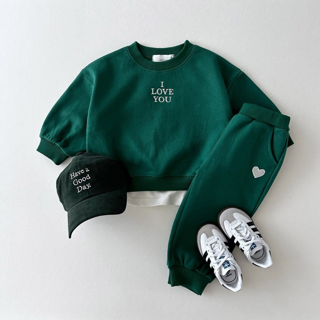 Kids' embroidered letter Love sweater and two-piece suit by R&G Boutique, soft and comfortable kids clothing set with colorful embroidery.