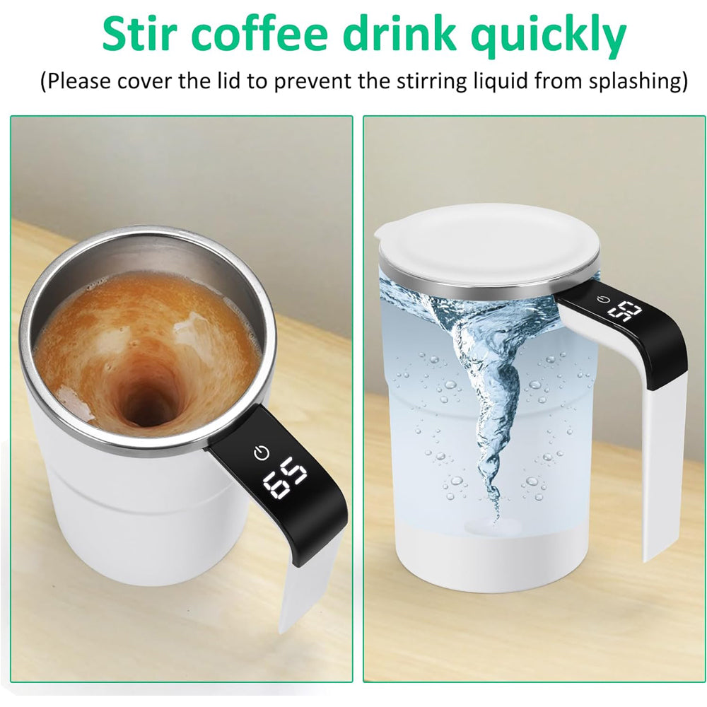 Rechargeable 12oz R&G Boutique self-stirring coffee mug with LED display showing temperature, features auto magnetic stirring.