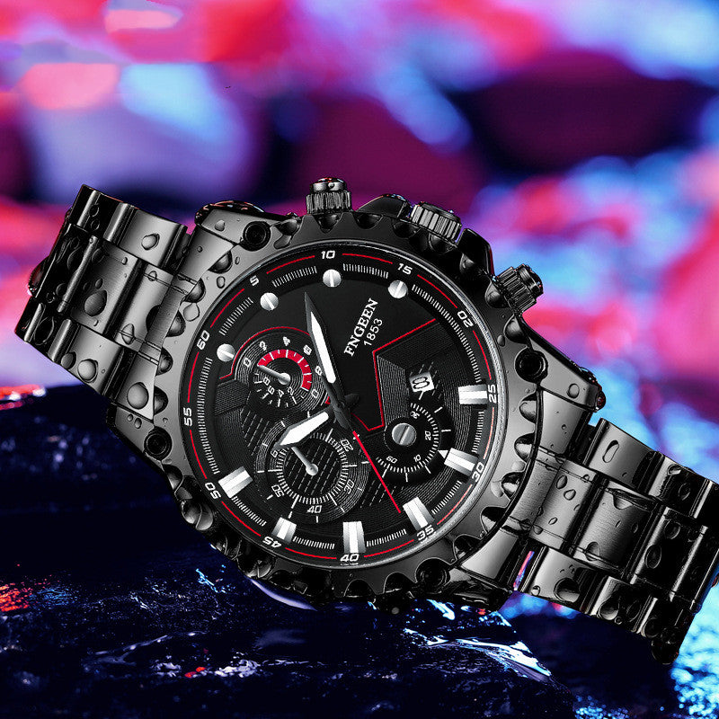 Men's waterproof sports stainless steel watch with a sleek black dial and durable metal band, ideal for active and casual wear.
