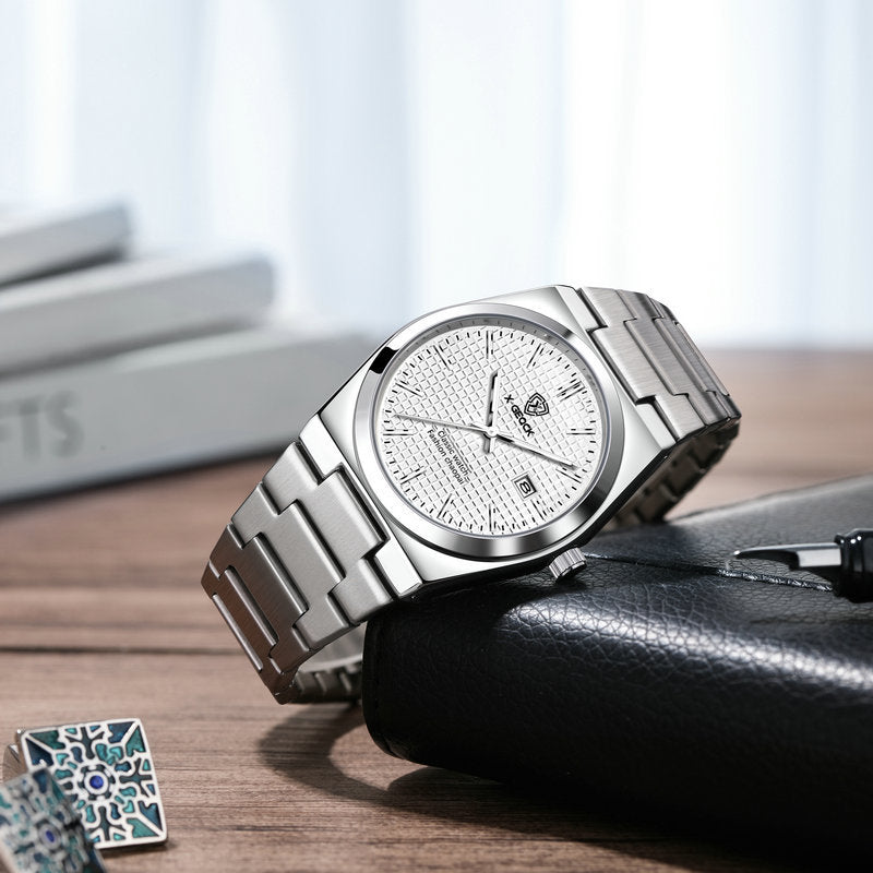 Men's Swiss quartz watch with butterfly clasp from R&G Boutique, featuring a sleek dial and stainless steel strap.