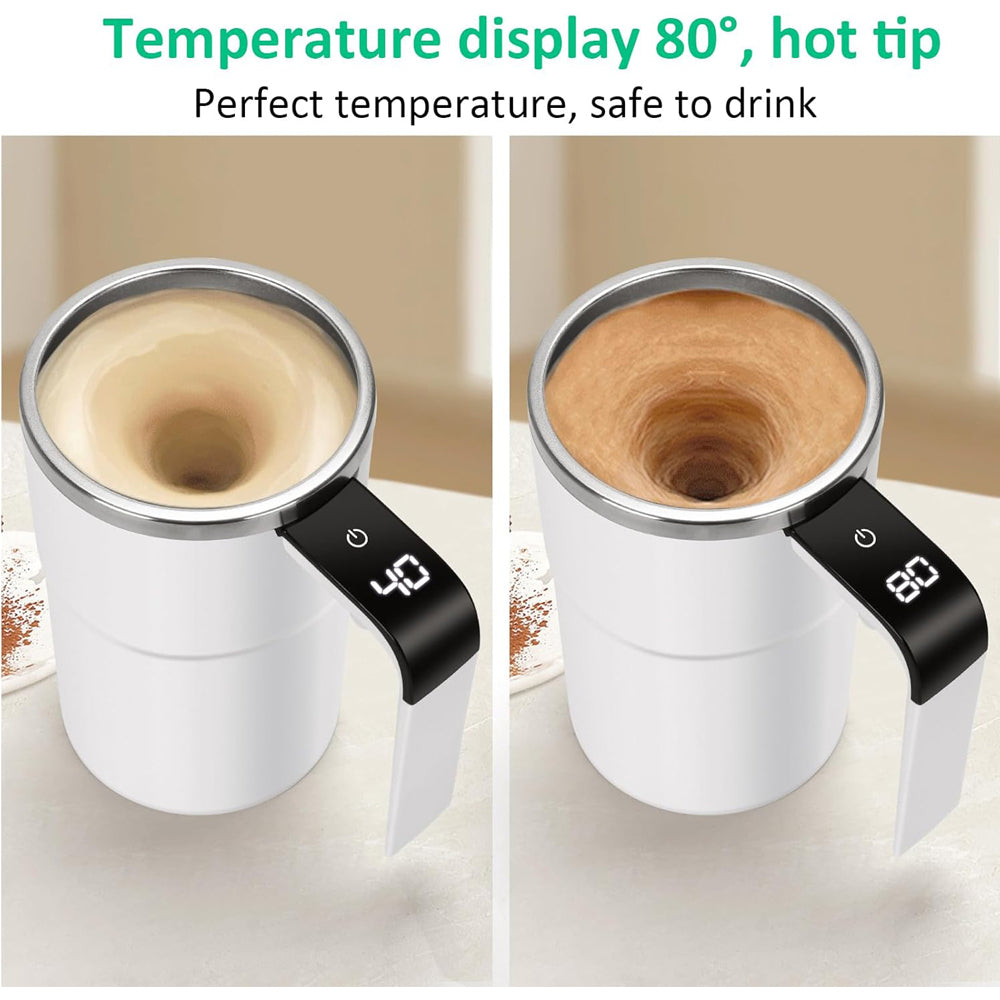 Rechargeable 12oz R&G Boutique self-stirring coffee mug with LED temperature display and auto magnetic stirring gadget.