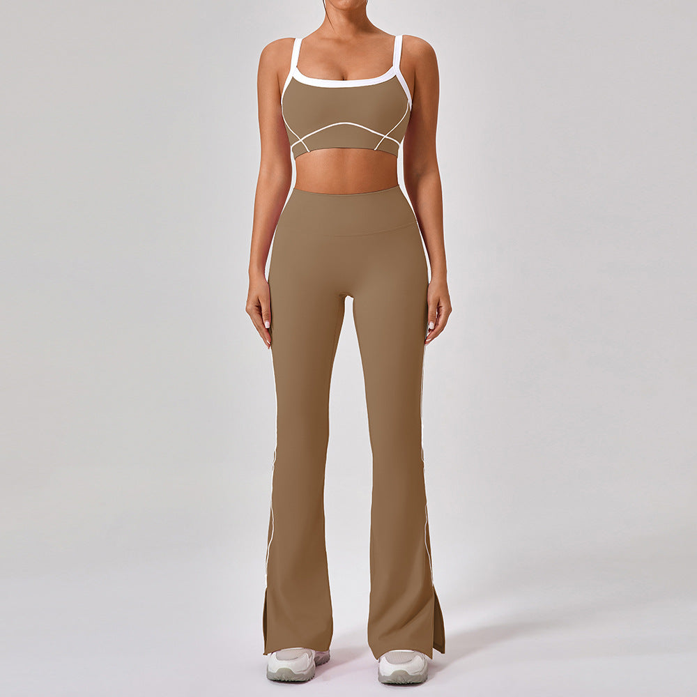 Women's outdoor sports yoga suit with spaghetti straps and contrast colors, perfect for fitness and activewear.