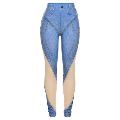 Autumn Women's New Sexy Mesh Perspective Panel Print High Waist Tight Casual Pants