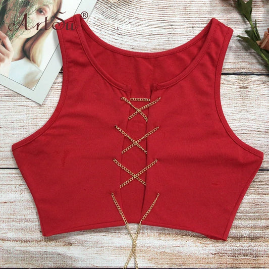 Metal Chain Lace-Up Hollow Crop Tank Top