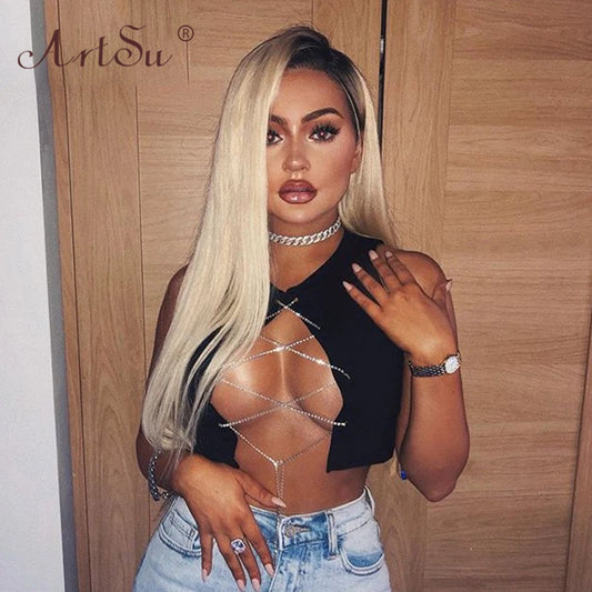 Metal Chain Lace-Up Hollow Crop Tank Top