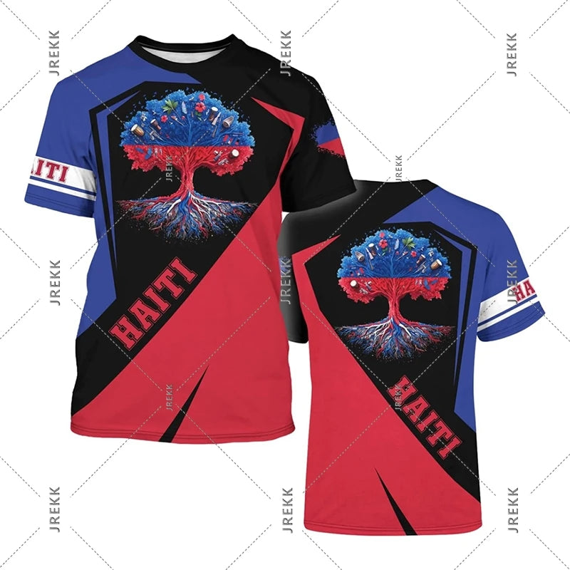 Haiti Flag Day short sleeve T-shirt for men and women by R&G Boutique, featuring a vibrant Haiti flag design on a casual shirt.