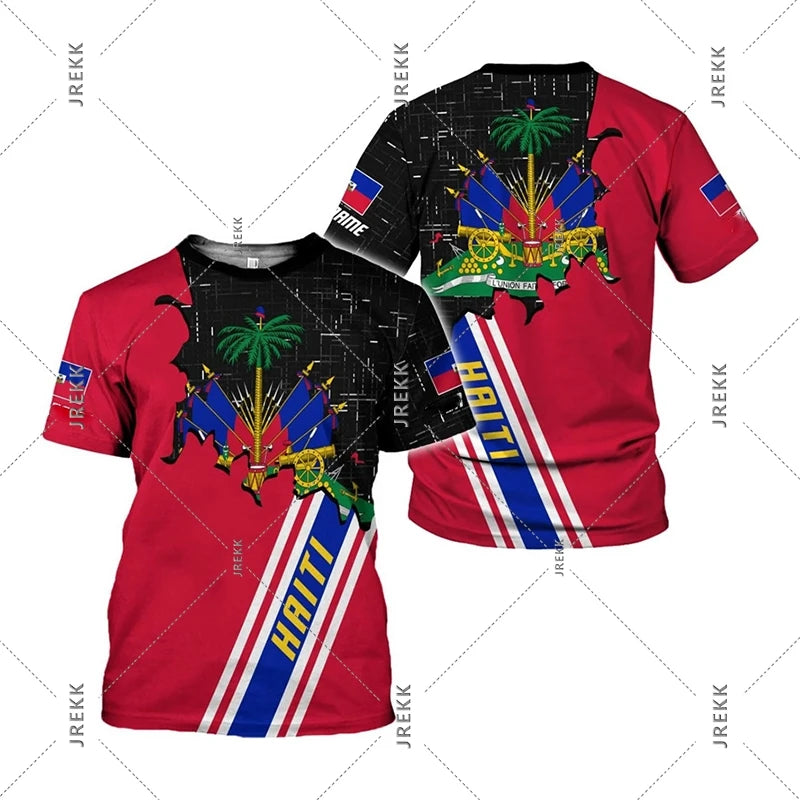 Haiti Flag Day short sleeve T-shirt for men and women by R&G Boutique, featuring the Haitian flag design on a casual clothing shirt