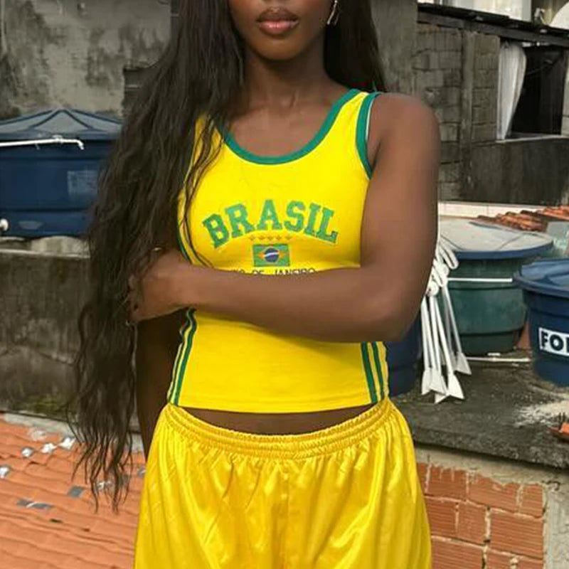 World cup Brazil Letters Print Crop Tops Casual Slim T-Shirt