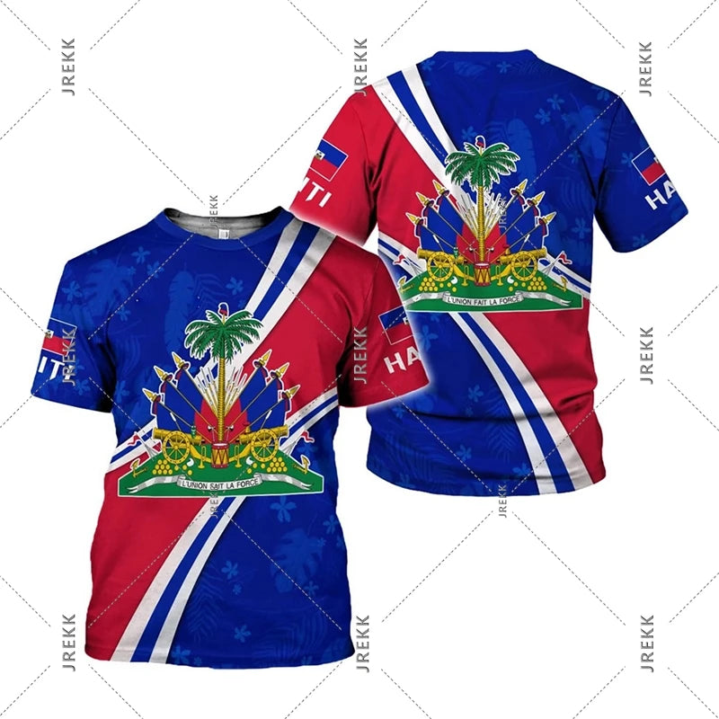 Haiti Flag Day short sleeve T-shirt for men and women by R&G Boutique, featuring the Haitian flag design on a casual clothes top.
