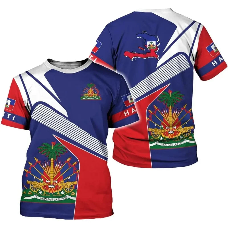 Haiti National Emblem Pattern T-Shirt For Men Haitian Flag 3D Printed Tees Casual Loose T Shirts Round Neck Tops Short Sleeves