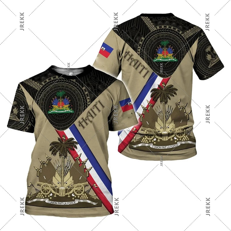 Haiti Flag Day short sleeve T-shirt for men and women with vibrant Haiti flag design, casual clothing by R&G Boutique.