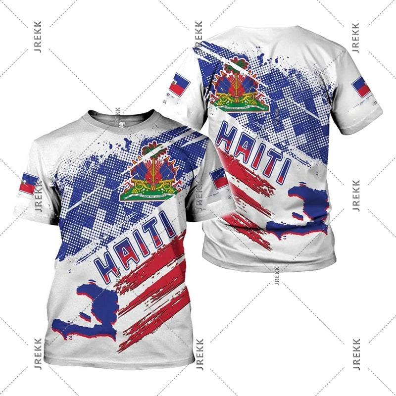 Haiti Flag Day short sleeve T-shirt for men and women by R&G Boutique, featuring the Haitian flag design on casual clothing