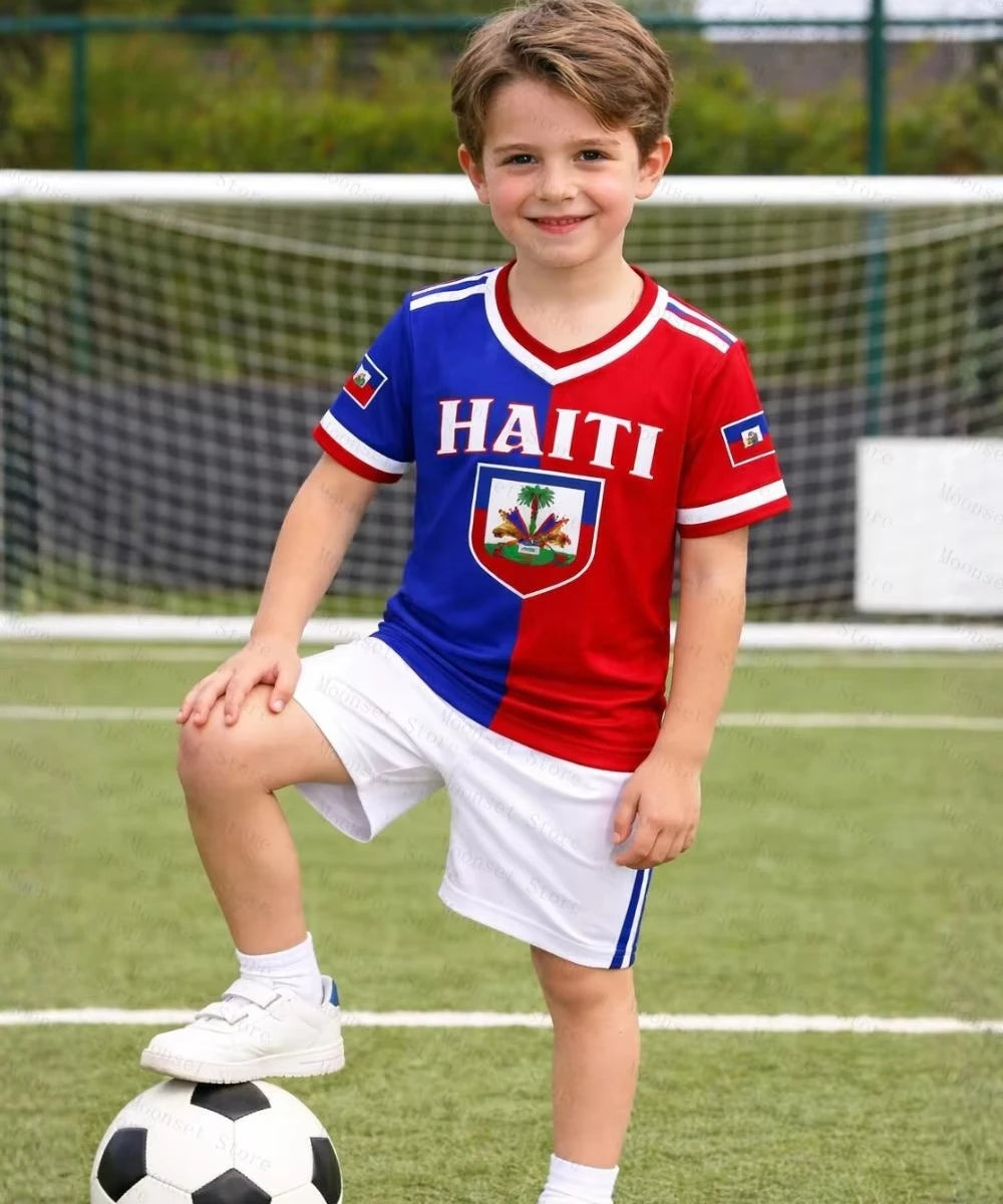 Kids' Haiti soccer T-shirt by R&G Boutique, quick-dry short sleeve sports shirt with vibrant design for active play.