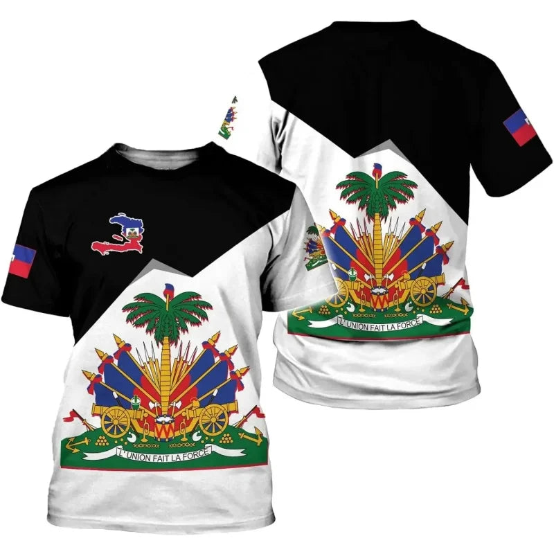 Haiti National Emblem Pattern T-Shirt For Men Haitian Flag 3D Printed Tees Casual Loose T Shirts Round Neck Tops Short Sleeves