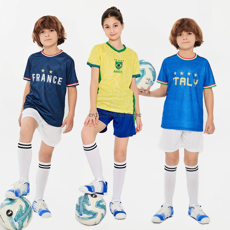 Kids Brazil Argentina Germany Football Jersey Boy Girls Quick Dry Club National Soccer Jersey Sets Childs Cheerleading Costume