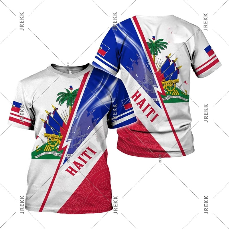 Haiti Flag Day short sleeve T-shirt for men and women with vibrant Haitian flag design, made by R&G Boutique.
