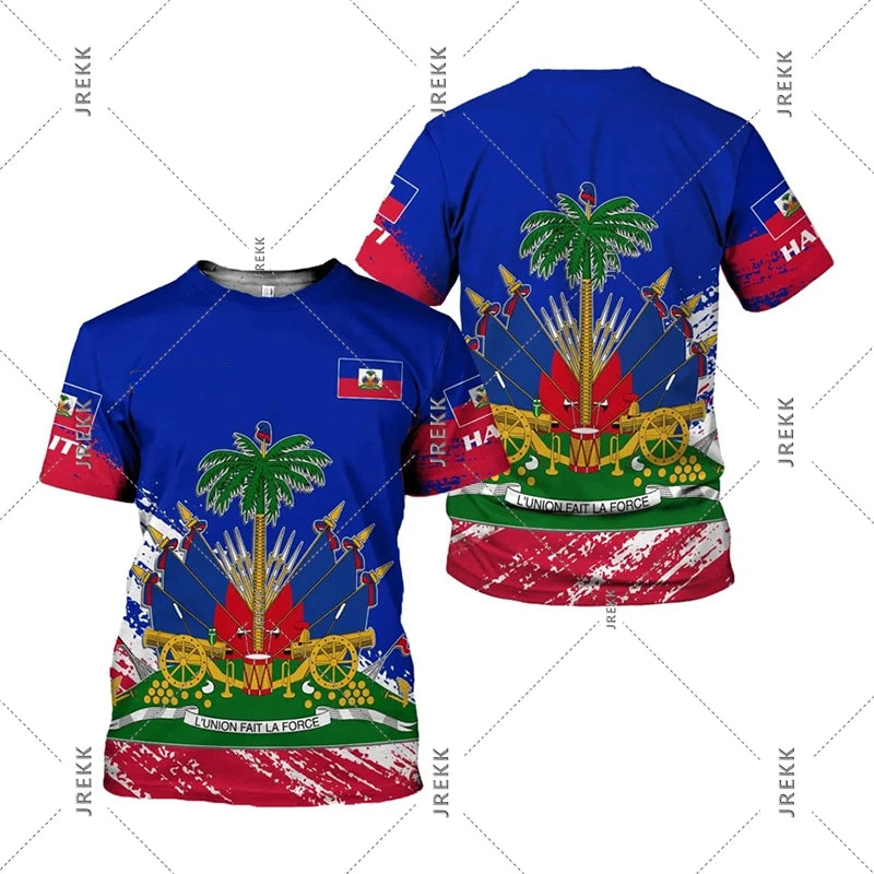 Haiti Flag Day short sleeve T-shirt for men and women featuring a vibrant Haiti flag design, casual clothing from R&G Boutique.