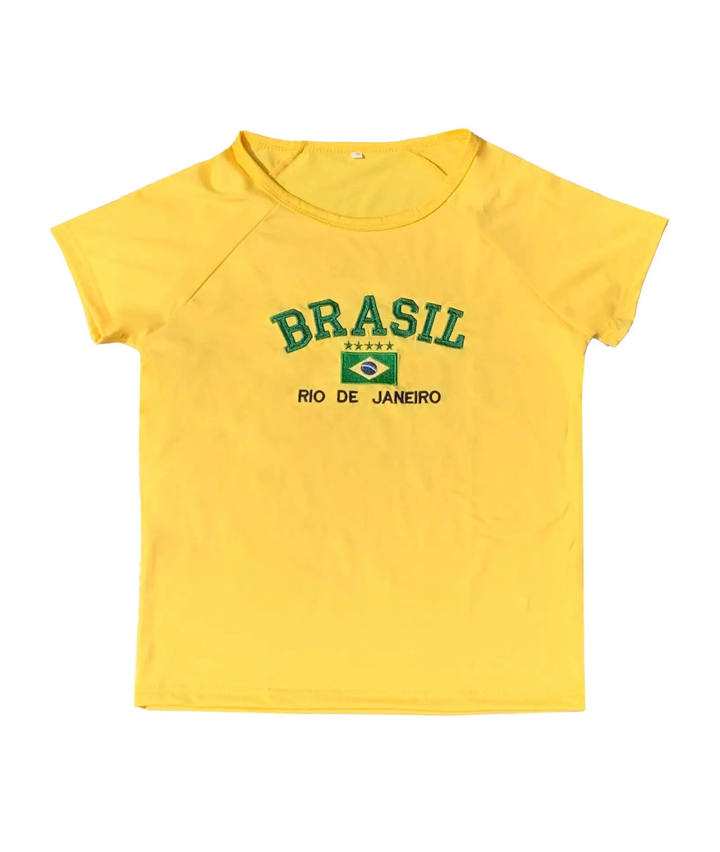 World cup Brazil Letters Print Crop Tops Casual Slim T-Shirt