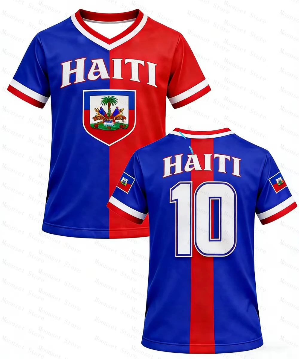 Haiti Kids Soccer T-shirt by R&G Boutique, quick-dry short sleeve sports shirt with vibrant design for children.