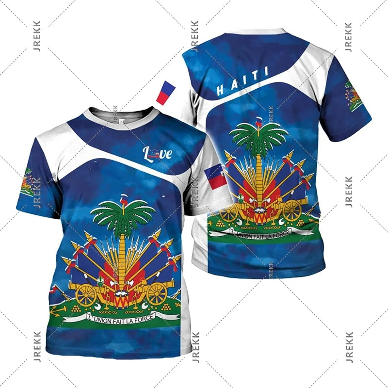 Haiti Flag Day short sleeve T-shirt for men and women featuring the Haitian flag design, casual clothing from R&G Boutique.