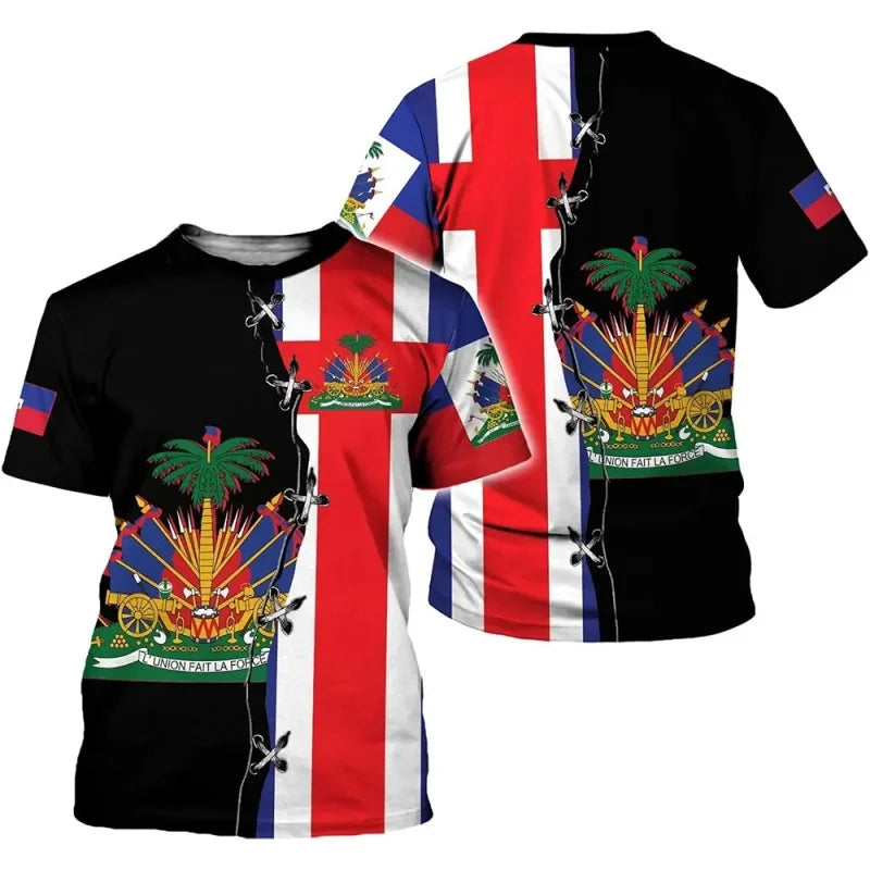 Haiti National Emblem Pattern T-Shirt For Men Haitian Flag 3D Printed Tees Casual Loose T Shirts Round Neck Tops Short Sleeves