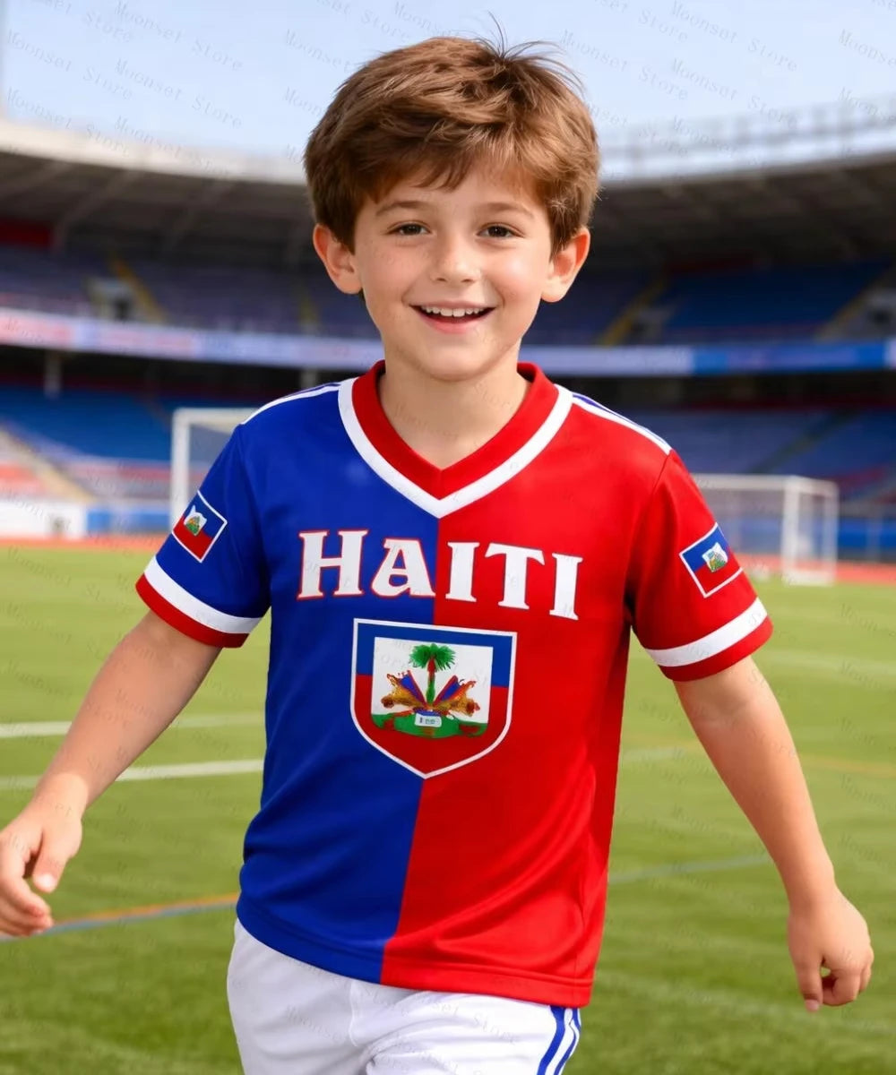 Haiti Kids Soccer T-shirt by R&G Boutique, quick-dry short sleeve kids' sports T-shirt with vibrant soccer-themed design.