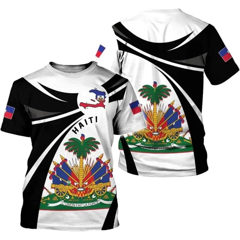 Haiti National Emblem Pattern T-Shirt For Men Haitian Flag 3D Printed Tees Casual Loose T Shirts Round Neck Tops Short Sleeves