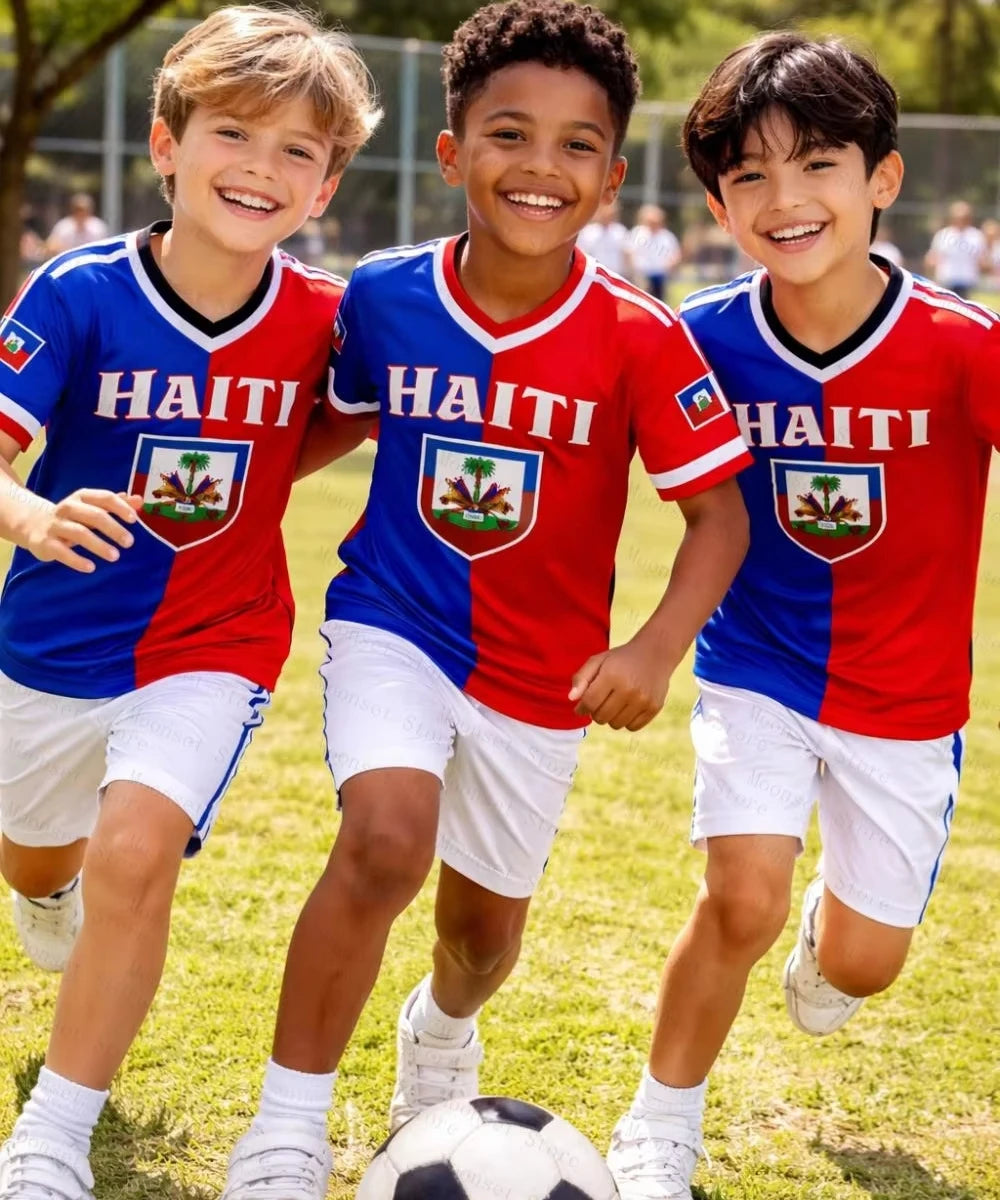 Haiti Kids soccer T-shirt by R&G Boutique, quick dry short sleeve athletic shirt with vibrant design for children.