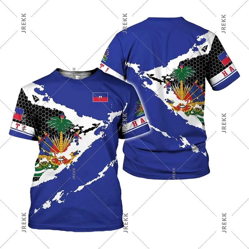 Haiti Flag Day short sleeve T-shirt for men and women with a vibrant Haitian flag print, casual clothing from R&G Boutique.