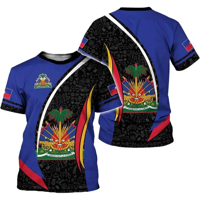 Haiti National Emblem Pattern T-Shirt For Men Haitian Flag 3D Printed Tees Casual Loose T Shirts Round Neck Tops Short Sleeves