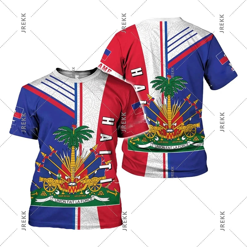 Haiti Flag Day short sleeve T-shirt for men and women by R&G Boutique, featuring the Haitian flag design on a casual clothes style.